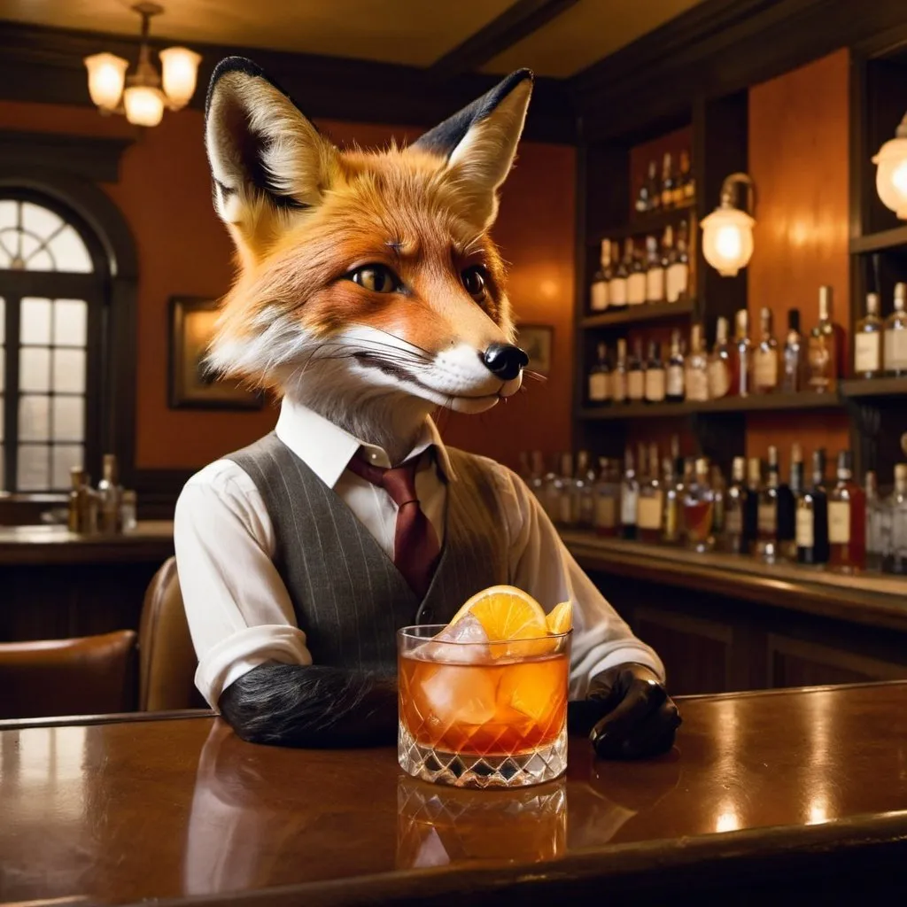 Prompt: A fox enjoying an old fashioned at a sophisticated bar.