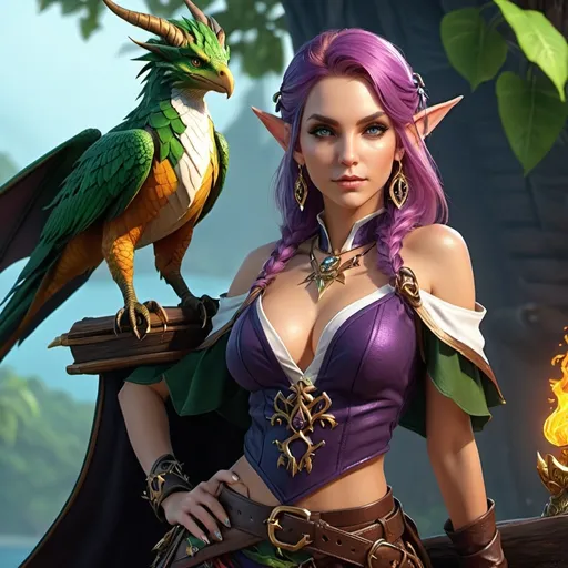 Prompt: 4k, full body, elf fey warlock, pirate chief, female, beautiful, dangerous, pseudodragon pet perched on shoulder