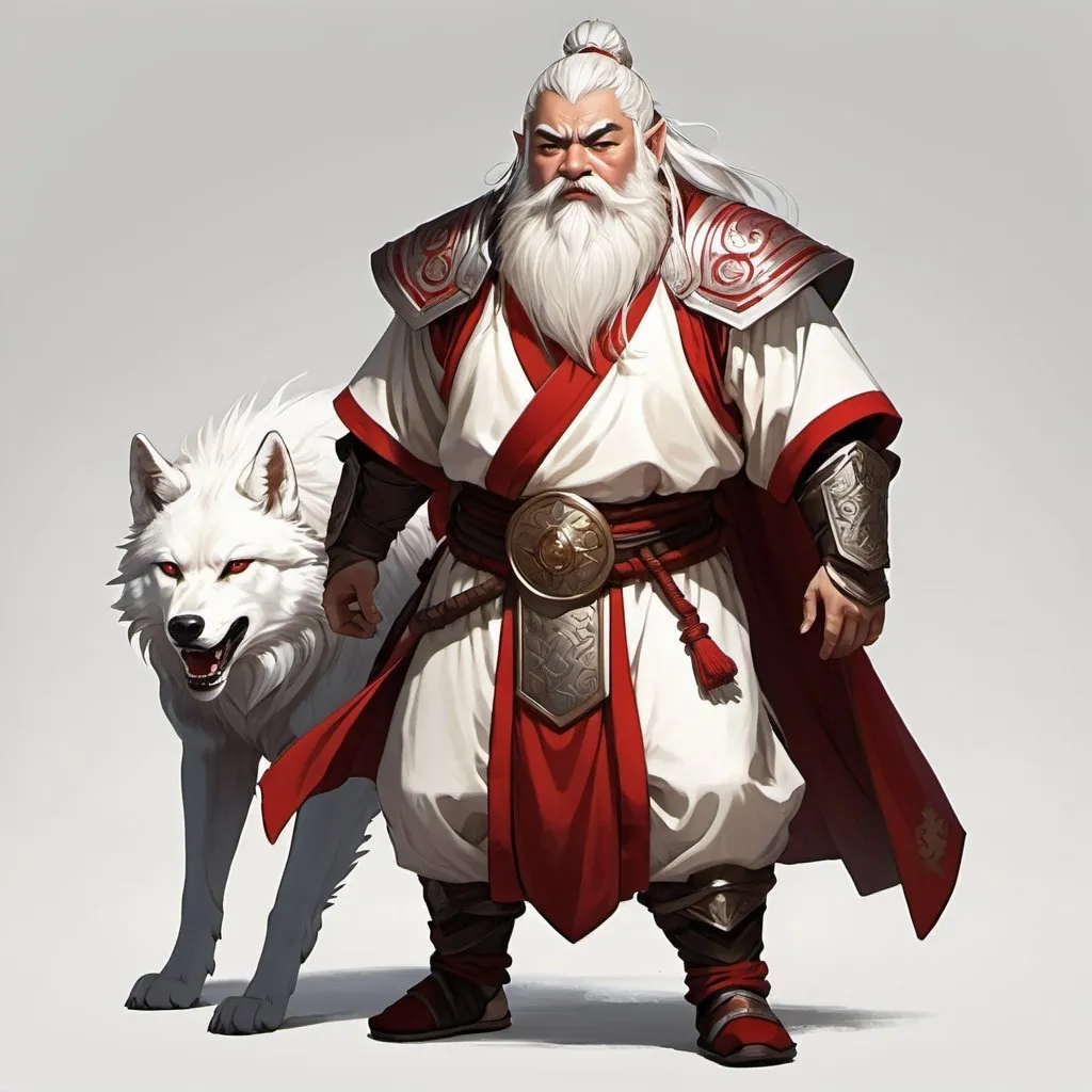 Prompt: Full body image, an androgynous dwarf clad in serene robes of a martial design, the androgynous dwarf has the eyes and teeth of a wolf, white hair streaked with red