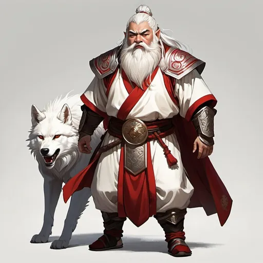 Prompt: Full body image, an androgynous dwarf clad in serene robes of a martial design, the androgynous dwarf has the eyes and teeth of a wolf, white hair streaked with red