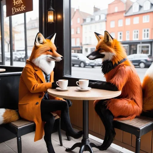 Prompt: A fox and a raven enjoying coffee at a café.