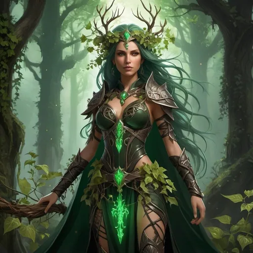 Prompt: full body "Create a detailed description of Vaelara, a vengeful archdruid/lich. Describe her as crowned with tangled vines and thorny branches, with glowing green eyes and a face marked by ancient runes. Wrapped in tattered leather armor and druidic robes adorned with dried flowers and bones, she wields dual sickles pulsating with dark energy. Her aura combines decay and growth, with ivy tendrils trailing behind her like spectral forest spirits."