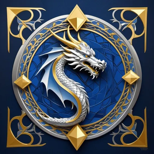 Prompt: A flag for a fantasy setting. Stylized geometric dragon, silver dragon, blue flag, gold accent shapes, Imperial, progressive, modern, proud, regal