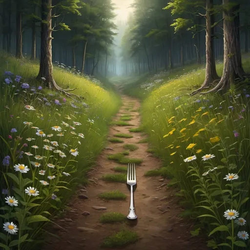 Prompt: a fork in a forest path, the left fork leads to a hilly meadow with tall grass and wild flowers, the right fork leads into the dark heart of the forest.