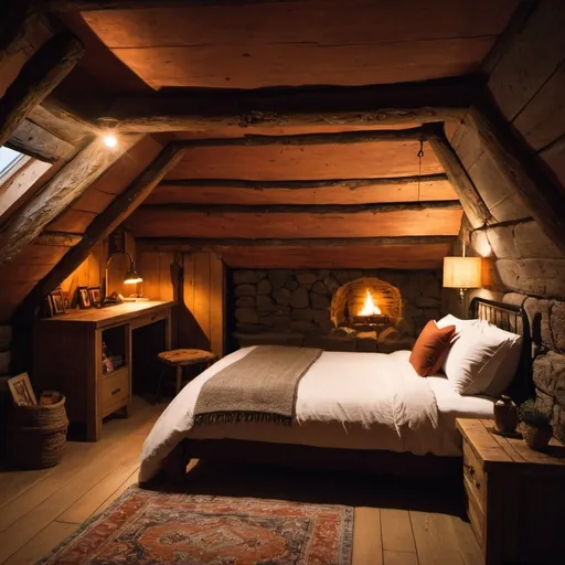 Prompt: A bedroom, fox's den, cozy, warm, underground 