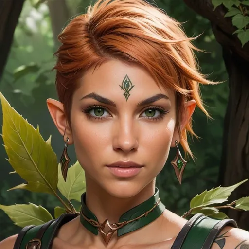 Prompt: dnd character portrait, wood elf female, fighter, dark green eyes, light tan skin, face/neck tattoo, creeping thorny vines tattoo, copper-colored hair, short bob hair, spiky hair, undercut on right side of head, fierce, wild, feral