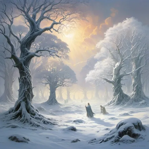 Prompt: The field of Celebrant meets the edge of Lothlorien, early winter, sudden blizzard