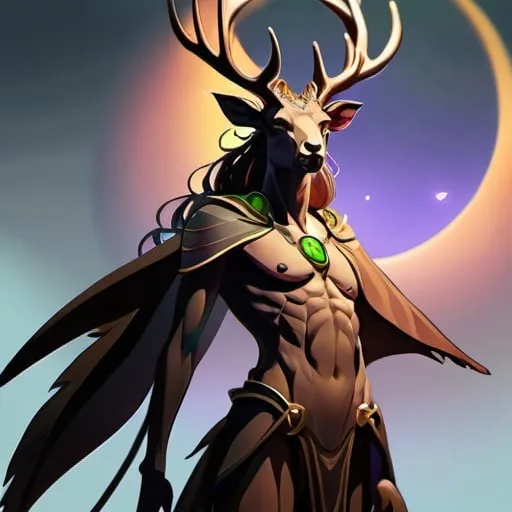 Prompt: Nyalgorthos, genderless, lord of stags, eldritch archfey, full body pose