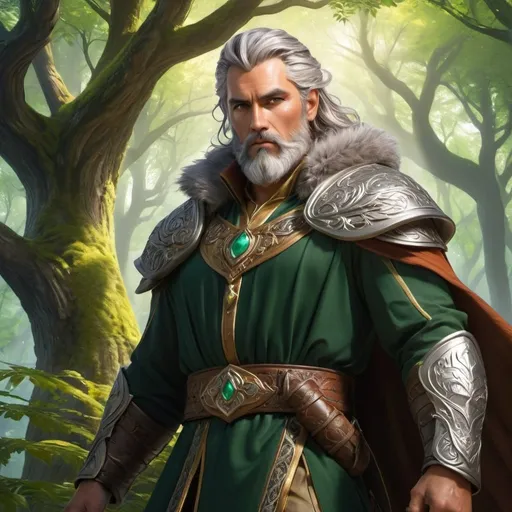 Prompt: "Craft a commanding digital portrait of Lord Aelar, ruler of the Feywild city of Irontree, highlighting his middle-aged presence, distinguished silver hair and beard, medium skin tone, and rugged, fierce handsomeness. Envision him standing amidst the ancient trees of the enchanted forest, his imposing figure exuding an aura of strength and authority. Render his features with a rugged yet chiseled appearance, his jawline defined and his gaze intense, reflecting a potent blend of rugged charm and fierce determination. Picture him clad in regal attire that accentuates his muscular physique, his cloak billowing around him as he commands the attention of all who behold him. Highlight the silver streaks in his hair and beard, symbols of his experience and maturity, gleaming in the dappled light of the Feywild. Surround him with elements of nature and magic, such as swirling patterns of enchanted energy or the soft glow of luminescent fungi, that accentuate his connection to the mystical forces of the forest. Let the artwork capture the essence of Lord Aelar's middle-aged majesty and rugged handsomeness, embodying his strength, wisdom, and enduring legacy within the enchanted landscape of the Feywild."