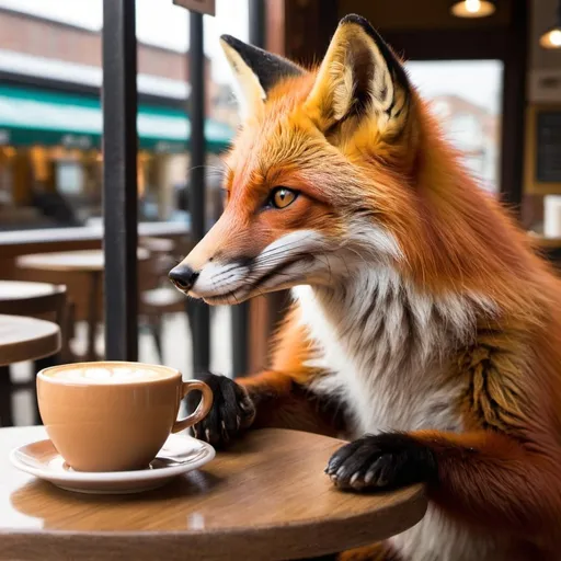 Prompt: A fox enjoying a coffee at café.