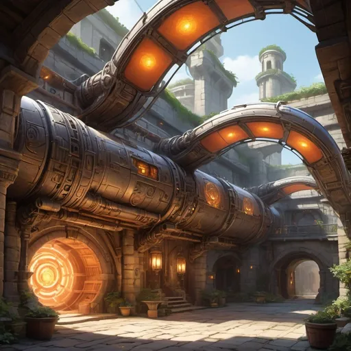 Prompt: A light space freighter, fusion of magic and technology, exposed pipes and conduits, glowing energy, dragon motifs, set in an open-air stone courtyard