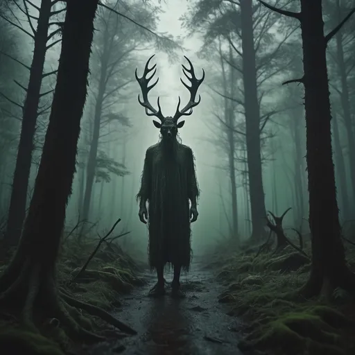 Prompt: found footage style, grainy, dense forest, rain, fog, shadows, lurking figure, tall, red eyes, antlers, eldritch, spooky, sinister, animalistic