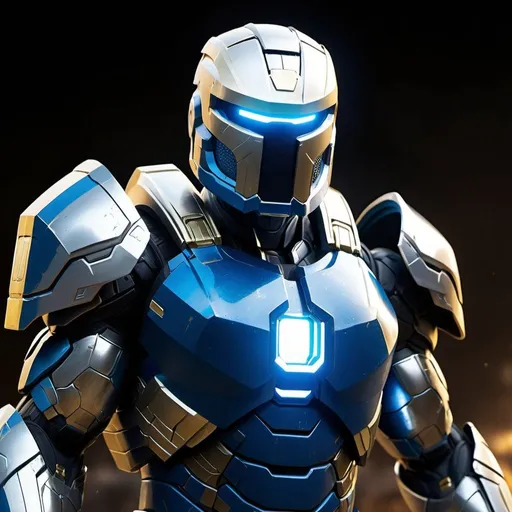 Prompt: Spartan-II Mjolnir armor, dragon theme, sleek and angular, mostly blue, white and gold accents, glowing lights, green lights, heavy on the Halo influence, no horns, Mjolnir style helm with silver faceplate.