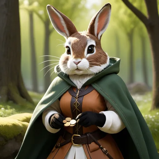 Prompt: Willow Swiftpaw - rabbitfolk, Master of Disguise and Social Manipulator: Rhea is a master of deception and subterfuge, adept at assuming different personas and blending into any social setting. She is responsible for obtaining forged documents and disguises to facilitate the Haregon's infiltration of the manor, as well as gathering information from contacts within the city's underworld. Her persuasive charm and quick thinking enable the Haregon to navigate diplomatic challenges and exploit weaknesses in the lord's defenses.
 - Physical Appearance: Willow is a lithe and agile hare with soft, chestnut-brown fur and keen, observant eyes.
   - Clothing and Gear: She wears a cloak of earthy tones that can be easily adjusted to blend into different environments. Willow carries a collection of disguises and props hidden within hidden compartments in her clothing, along with a pouch of coins for bribes or distractions.