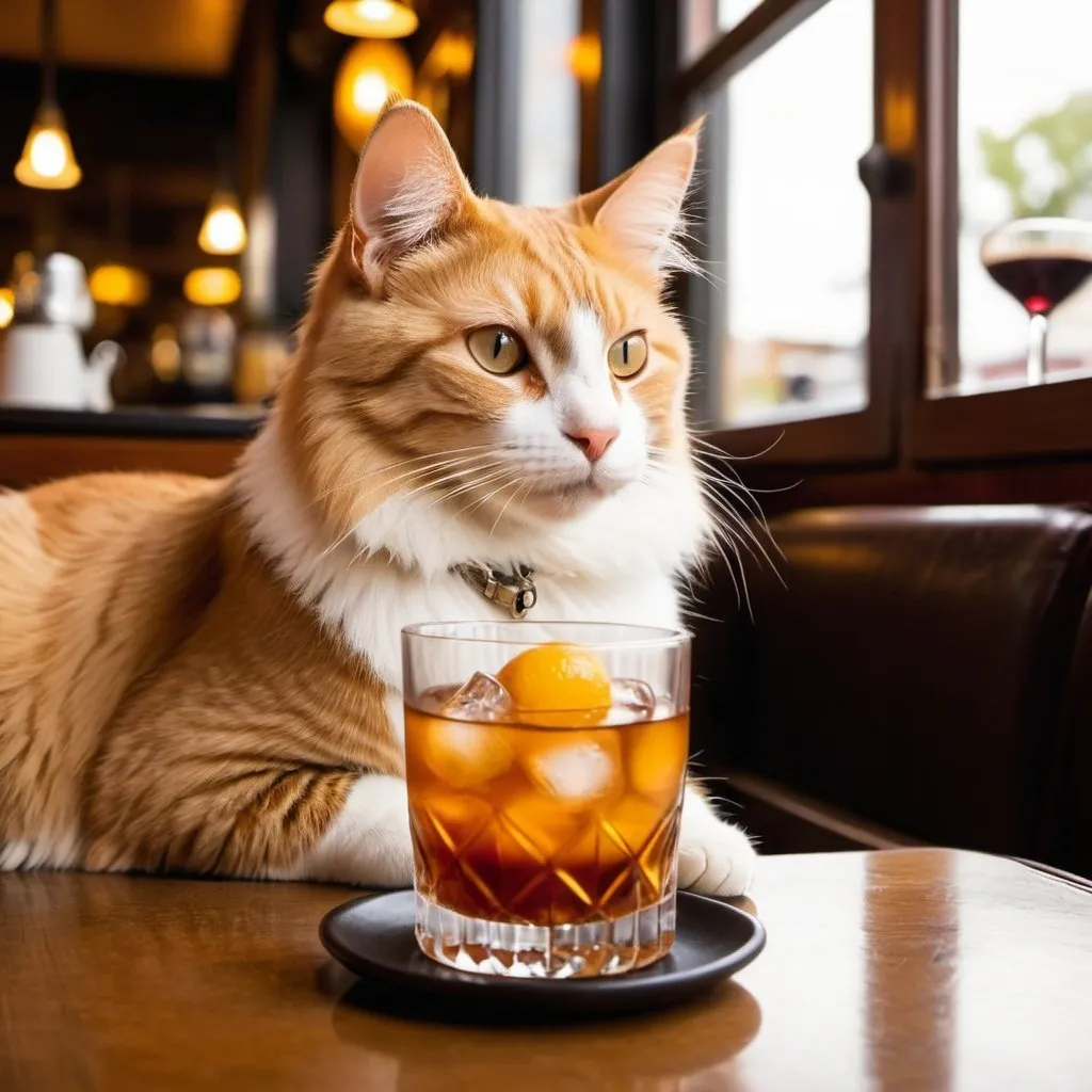 Prompt:  A cat enjoying an old fashioned at a sophisticated café.