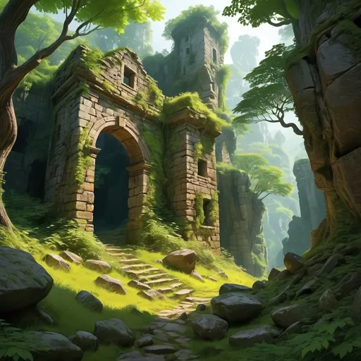 Prompt: Crumbling stone walls overgrown by forest, crumbling ruins, broken stone, trees, undergrowth, hilly terrain, rocks, boulders, shady forest, fantasy