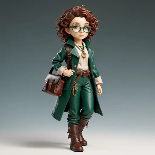 Prompt: full body image, Seraphina, a beautiful gnome alchemist of intelligence and ambition, dresses in a tailored leather jacket dyed deep green, adorned with pockets for alchemical tools. Beneath, she wears a linen tunic and durable canvas trousers. Her chestnut curls are tied back, revealing emerald eyes behind spectacles. Ready for adventure, she carries a tool belt and satchel, embodying a blend of practicality and refined scholarly spirit.