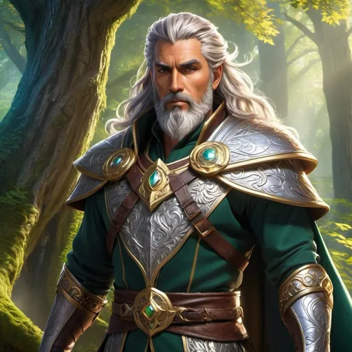 Prompt: "Craft a commanding digital portrait of Lord Aelar, ruler of the Feywild city of Irontree, highlighting his middle-aged presence, distinguished silver hair and beard, medium-dark skin tone, and rugged, fierce handsomeness. Envision him standing amidst the ancient trees of the enchanted forest, his imposing figure exuding an aura of strength and authority. Render his features with a rugged yet chiseled appearance, his jawline defined and his gaze intense, reflecting a potent blend of rugged charm and fierce determination. Picture him clad in regal attire that accentuates his muscular physique, his cloak billowing around him as he commands the attention of all who behold him. Highlight the silver streaks in his hair and beard, symbols of his experience and maturity, gleaming in the dappled light of the Feywild. Surround him with elements of nature and magic, such as swirling patterns of enchanted energy or the soft glow of luminescent fungi, that accentuate his connection to the mystical forces of the forest. Let the artwork capture the essence of Lord Aelar's middle-aged majesty and rugged handsomeness, embodying his strength, wisdom, and enduring legacy within the enchanted landscape of the Feywild."