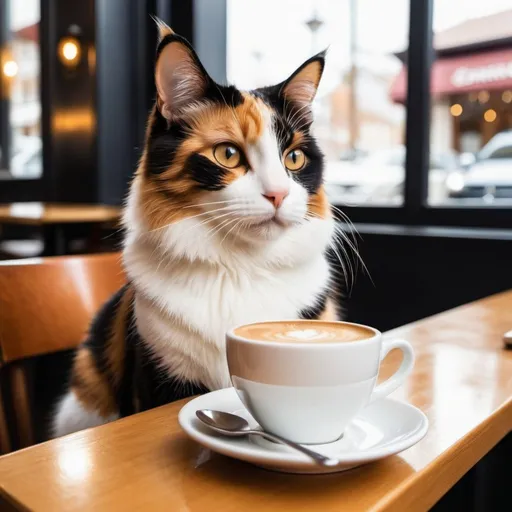 Prompt:  A calico cat enjoying a coffee at a sophisticated café.