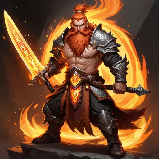 Prompt: The spirit of this sword resembles a mature male dwarf with a flame-colored beard and eyes. Solfang possesses a fiery and impulsive personality, always eager for battle and craving the thrill of combat. It speaks with a passionate and energetic tone, urging its wielder to embrace their inner flame and unleash their primal instincts.