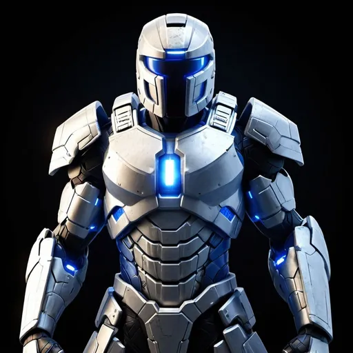 Prompt: Spartan-II Mjolnir armor, dragon theme, sleek and angular, mostly blue and white, glowing lights like on Mjolnir armor, heavy on the Halo influence, no horns, Mjolnir style helm with silver faceplate.