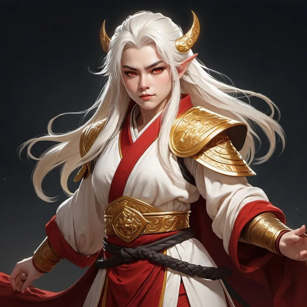 Prompt: Full body image, an androgynous dwarf clad in serene robes of a martial design, the androgynous dwarf has golden eyes and sharp fangs, white hair streaked with red, androgynous, teeth showing, eyes glowing golden