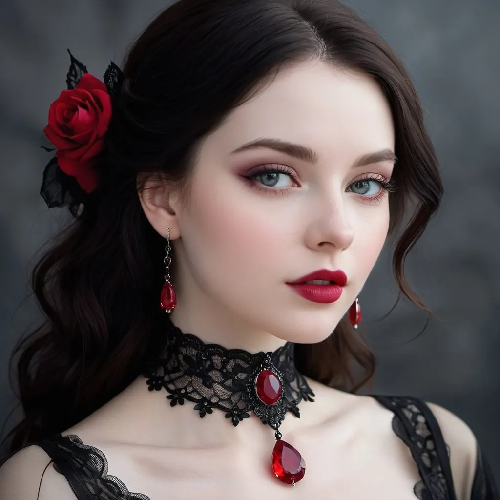Prompt: A beautiful and alluring female darkling, pale skin, black lace choker adorned with a single blood-red ruby