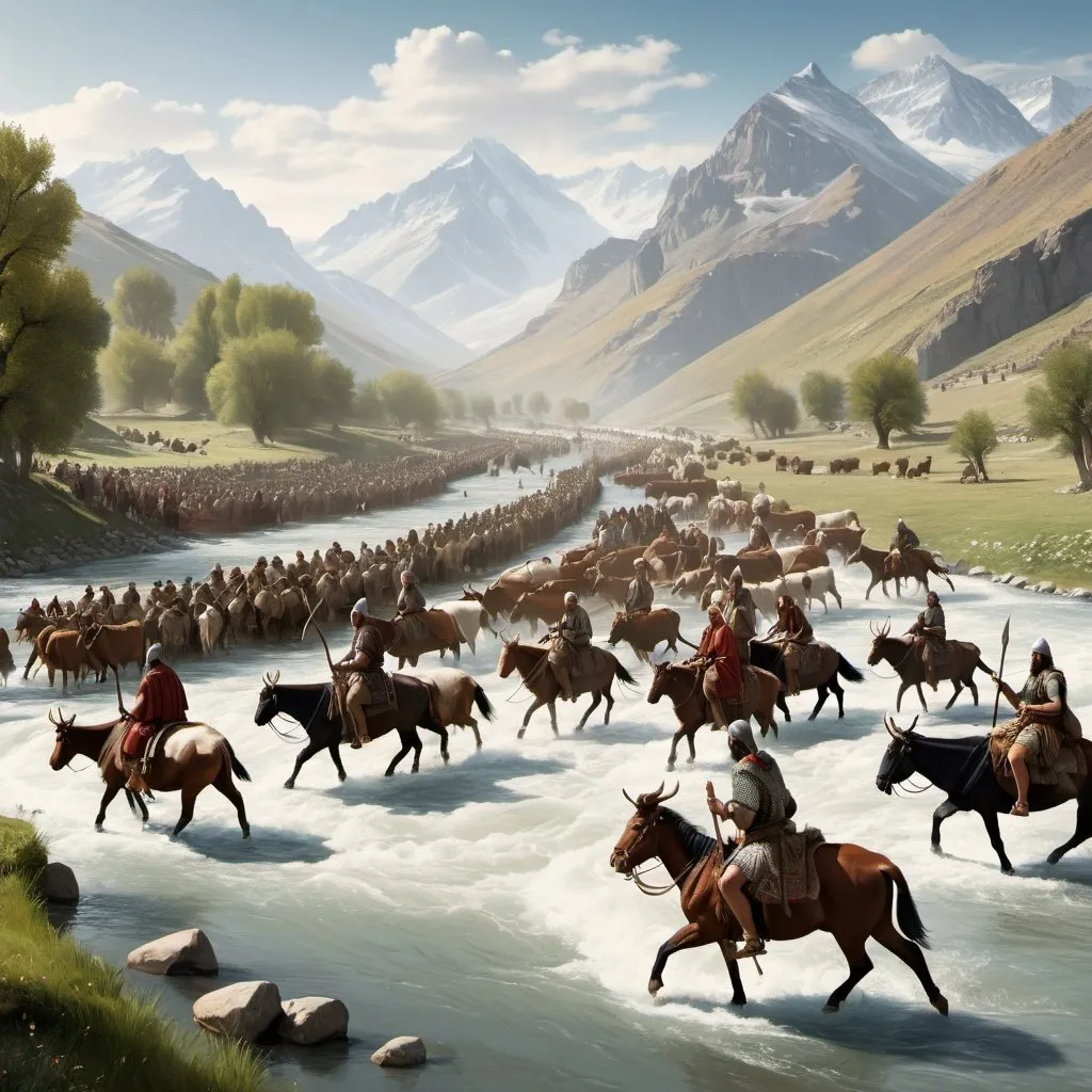 Prompt: A group of nomadic northmen and their families CROSSING A RIVER, herds of goats, sheep, cattle, mounted guards with spears