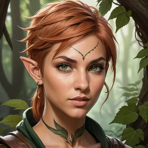 Prompt: dnd character portrait, wood elf female, fighter, dark green eyes, light tan skin, copper-colored hair, short bob hair, spiky hair, undercut on right side of head, fierce, wild, feral, face/neck tattoo, creeping thorny vines tattoo