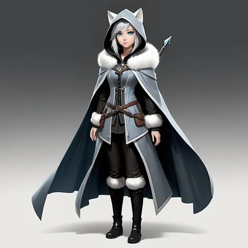 Prompt: Mist is a slender and graceful harengon with shimmering silver fur and piercing blue eyes.
   - Clothing and Gear: She wears a hooded cloak of dark grey, allowing her to blend into the shadows. Mist carries a small notebook for jotting down observations and a set of maps detailing the layout of the manor. Her gear also includes a set of throwing darts for self-defense.
