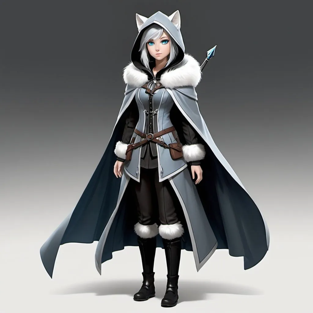 Prompt: Mist is a slender and graceful harengon with shimmering silver fur and piercing blue eyes.
   - Clothing and Gear: She wears a hooded cloak of dark grey, allowing her to blend into the shadows. Mist carries a small notebook for jotting down observations and a set of maps detailing the layout of the manor. Her gear also includes a set of throwing darts for self-defense.
