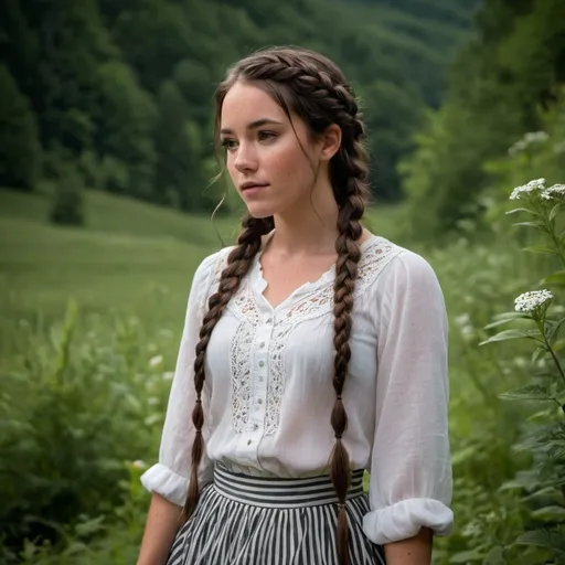 Prompt: full body image, a young woman from deep in the Appalachian mountains, long hair, dark hair, freckles, braid, pretty, white blouse, lacey, striped skirt