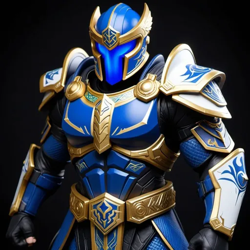 Prompt: Spartan-IV Mjolnir armor, gen 3 Mjolnir, heavy dragon theme, sleek and angular, blue, white and gold accents, glowing lights, green lights, magic runes, glowing runes, heavy on the Halo influence, no horns, Mjolnir style helm with silver faceplate., Halo style