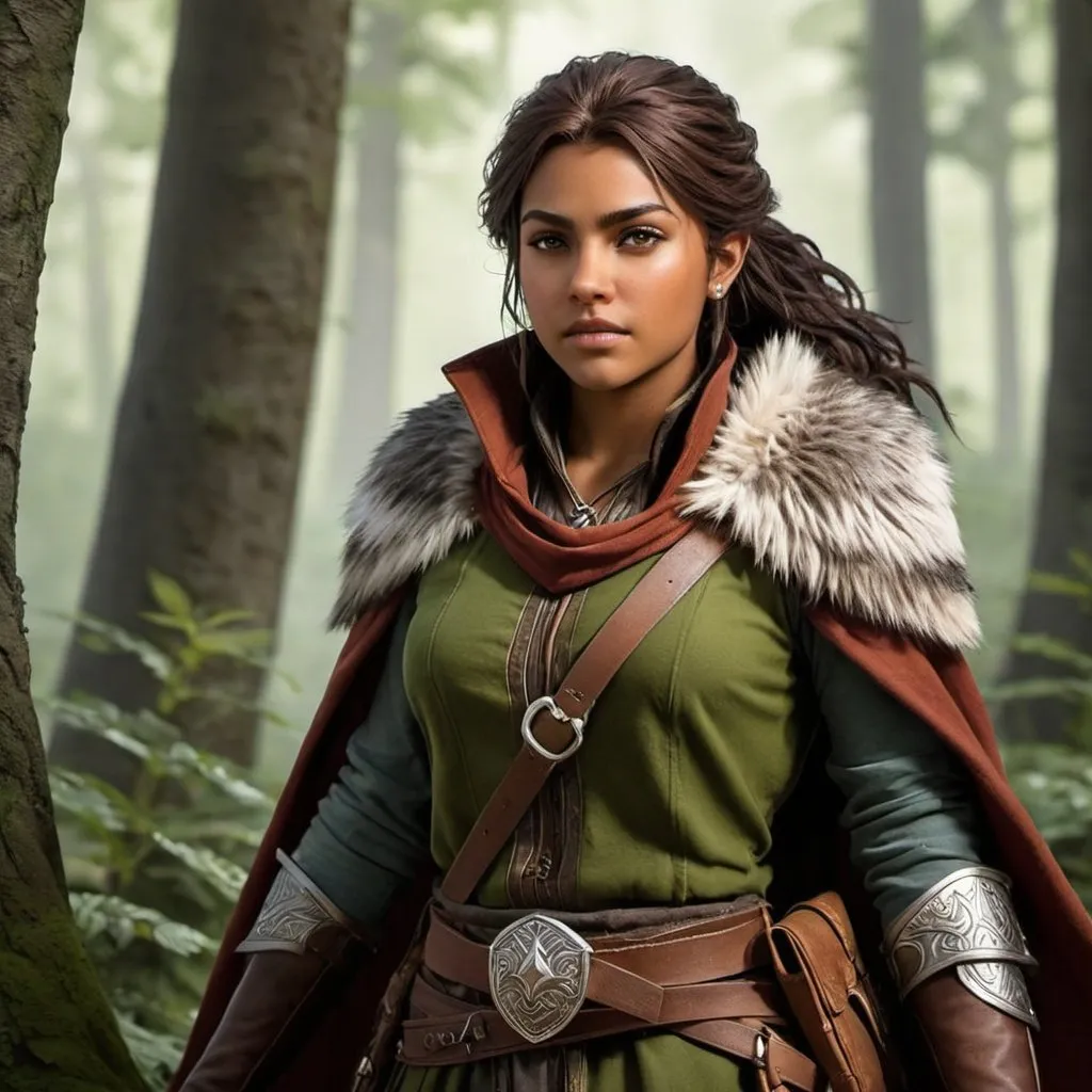 Prompt: The youngest daughter of Aelar Wolfsblood, the Lord of Wolves, is named “Du’arthra Wolftide." Du’arthra is known for her adventurous spirit and fierce independence. She often roams the forests surrounding Irontree, exploring the untamed wilderness of the Feywild and honing her skills as a ranger and tracker. Despite her free-spirited nature, Du’arthra remains fiercely loyal to her family and the city of Irontree, ready to defend it against any threat that may arise. Full body, curvy, medium skintone.