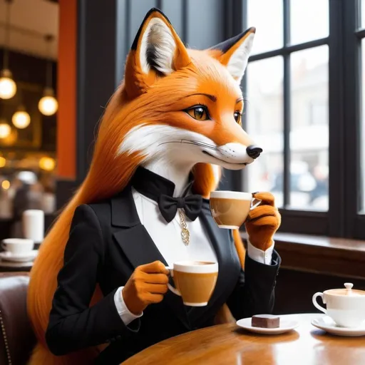 Prompt: A sophisticated lady fox enjoying a coffee at a sophisticated café.