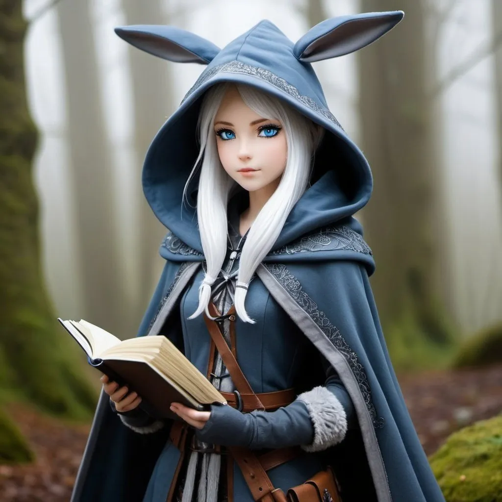 Prompt: Mist is a slender and graceful rabbitfolk with shimmering silver fur and piercing blue eyes.
   - Clothing and Gear: She wears a hooded cloak of dark grey, allowing her to blend into the shadows. Mist carries a small notebook for jotting down observations and a set of maps detailing the layout of the manor. Her gear also includes a set of throwing darts for self-defense.
