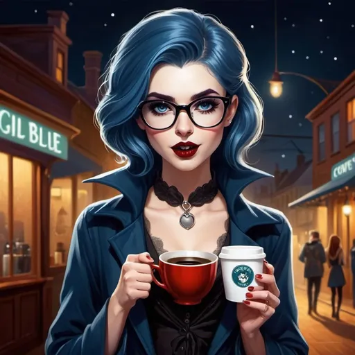 Prompt: a hipster lady vampire getting dressed for a nightly prowl, very hipster, from Australia, likes coffee, down to earth, girl next door, loves Bluey