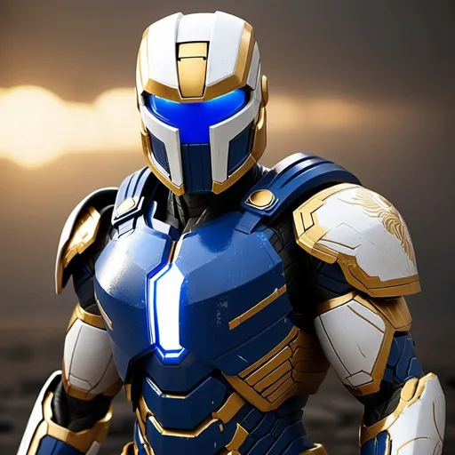 Prompt: Spartan-II Mjolnir armor, dragon theme, sleek and angular, mostly blue and white, gold accents, glowing lights like on Mjolnir armor, heavy on the Halo influence, no horns, more white than gold, Mjolnir style helm with silver faceplate.