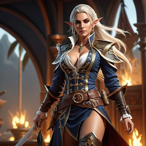 Prompt: 4k, full body, high elf warlock, pirate chief, female, beautiful, dangerous, alluring, deadly, arrogant, pirate leader, tough, exotic, elegant, sensual