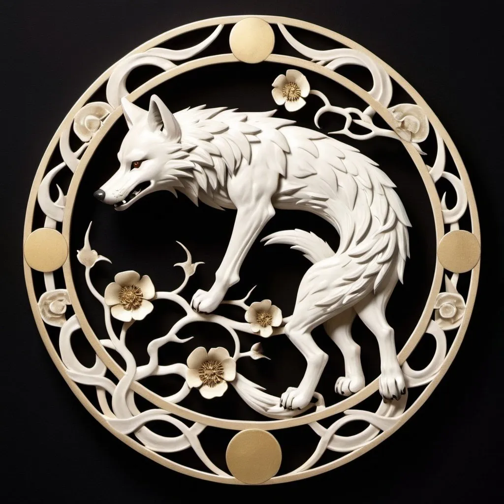 Prompt: Tokugawa era house crest, a wolf, a crescent moon, encircled by three entwined vines.