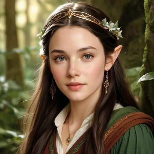 Prompt: Arwen Undomiel, elf princess of Rivendell, as a youth dressed in traveling clothes, 19 years old elf
