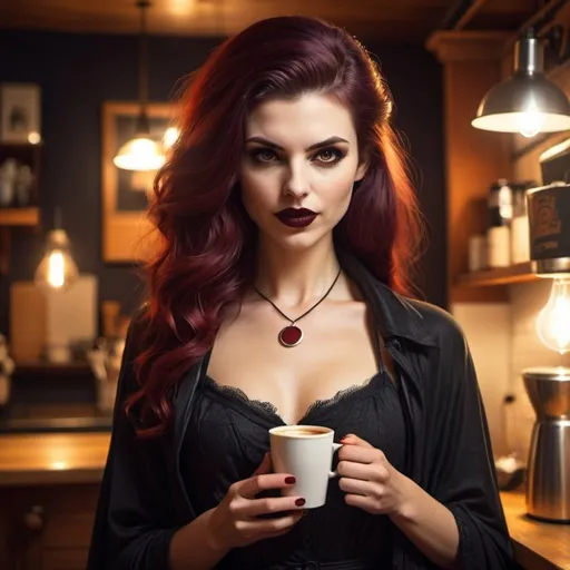 Prompt: a hipster lady vampire getting dressed for a nightly prowl, very hipster, from Australia, likes coffee, down to earth, girl next door