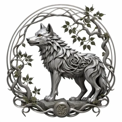 Prompt: Japanese-style house crest, a majestic wolf in profile standing proudly atop a rocky outcrop, its head held high and its gaze fixed firmly ahead. The wolf is depicted in shades of silver and gray, its fur bristling with vitality and strength. Surrounding the wolf are three intertwined vines.
The first vine its branches intertwining with those of the other two vines to form a solid foundation beneath the wolf's feet. The second vine its leaves resilient and unyielding even in the face of adversity. The third vine its tendrils weaving through the composition with a subtle elegance.
Above the wolf's head, a crescent moon hangs in the sky. 