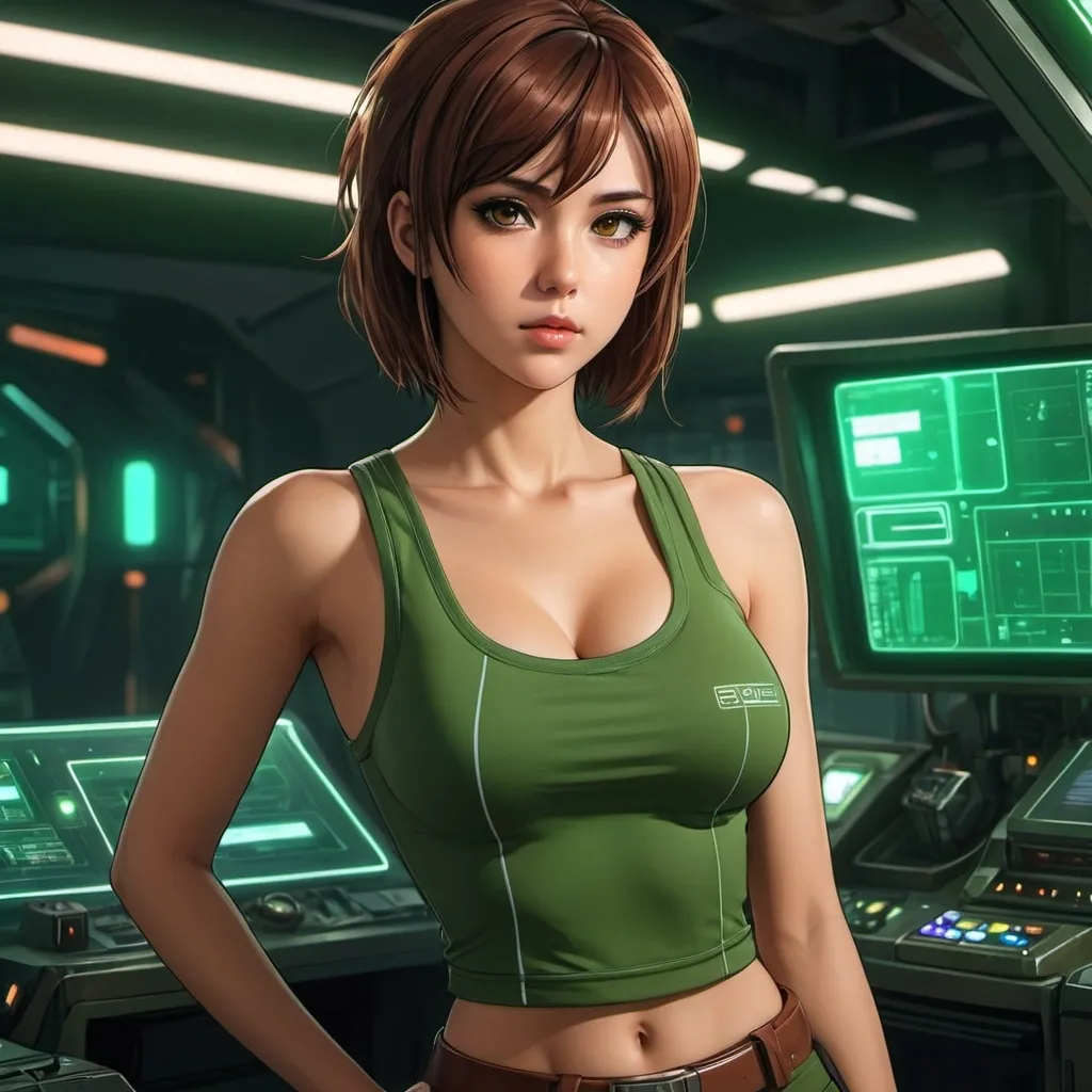 Prompt: desktop wallpaper, 4k, anime girl, retrofuturism, post-cyberpunk, green tank top, low-cut, brown hair, brown eyes, beautiful, mature, serious, alluring, tech, bold make-up, spacer