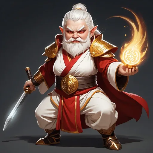 Prompt: Full body image, an androgynous dwarf clad in serene robes of a martial design, the androgynous dwarf has golden eyes and sharp fangs, white hair streaked with red, androgynous, teeth bared, eyes glowing golden