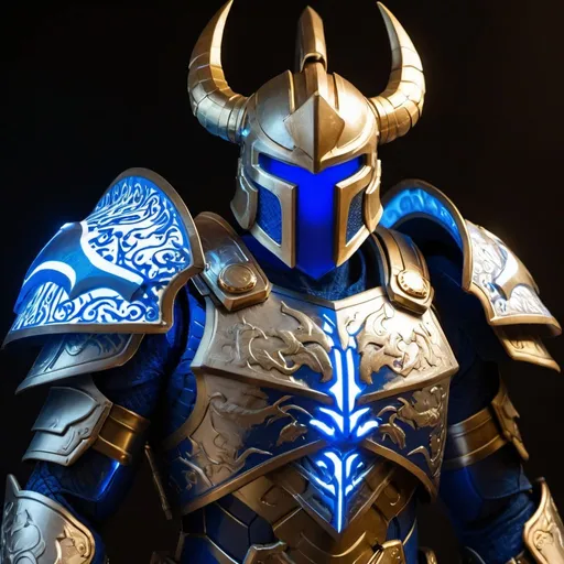 Prompt: Spartan-II Mjolnir armor, dragon theme, mostly blue and white, gold accents, glowing lights