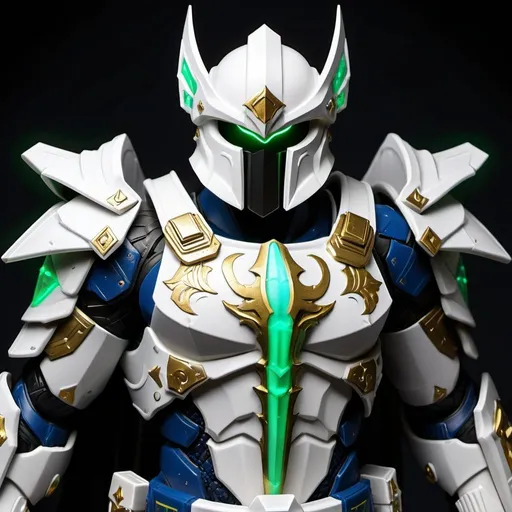 Prompt: Spartan-IV Mjolnir armor, gen 3 Mjolnir, heavy dragon theme, sleek and angular, White, blue and gold accents, glowing lights, green lights, magic runes, glowing runes, heavy on the Halo influence, no horns, Mjolnir style helm, holding a rifle