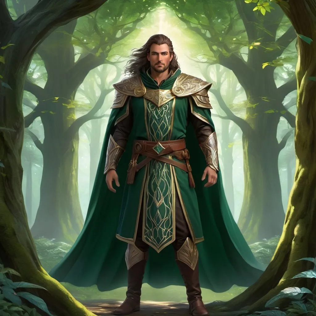 Prompt: "Generate a stunning digital artwork portraying Lord Aelar, the formidable ruler of Irontree in the Feywild. Imagine him standing amidst the ancient trees of the enchanted forest, his regal cloak billowing in the breeze. Capture the intensity of his gaze as he surveys his domain with a mix of authority and wisdom. Incorporate elements of magic and nature to reflect his affinity for both, with shimmering runes and ethereal light weaving through the scene. Let the artwork evoke the grandeur and mystique of the Feywild, while highlighting Aelar's strength, leadership, and connection to the wilds."