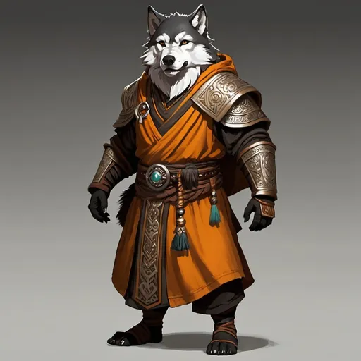 Prompt: A wolf-dwarf hybrid, bipedal, monk robes