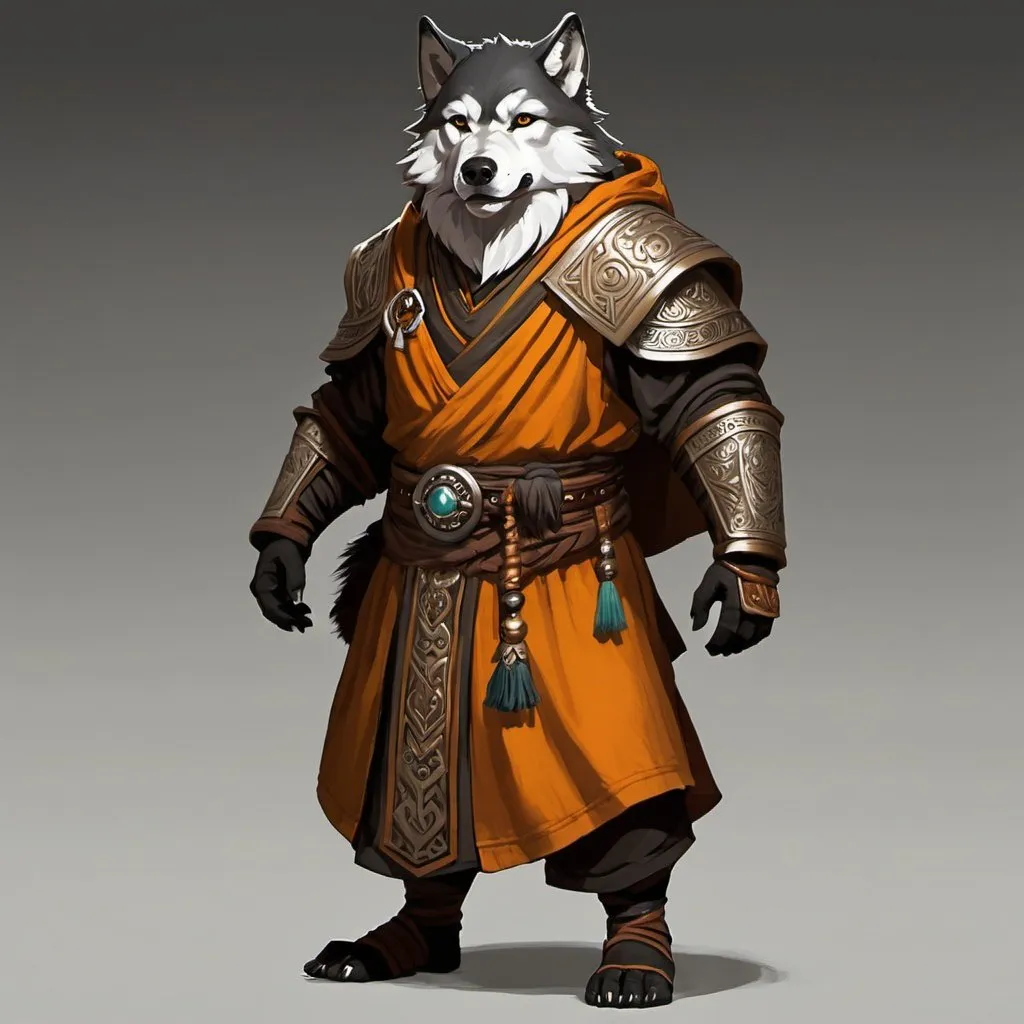 Prompt: A wolf-dwarf hybrid, bipedal, monk robes